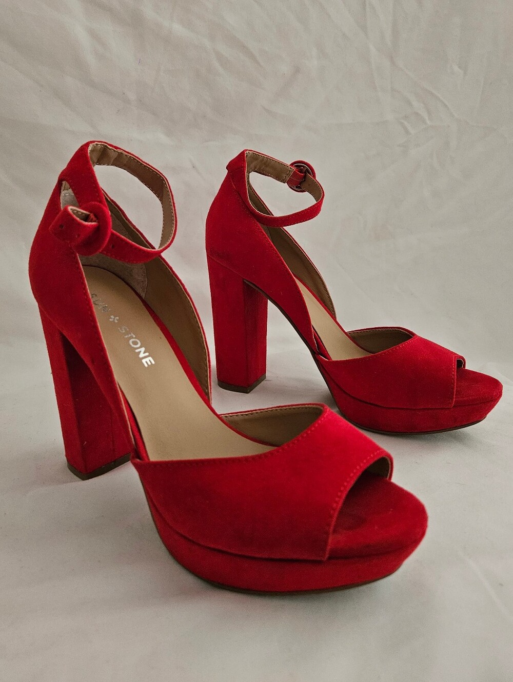 Sun + Stone Red Suede Platform Ankle-Strap Heels